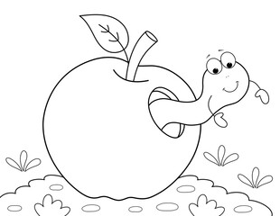 apple with worm, easy coloring page for kids that you can print on standard 8.5 x 11 inch paper