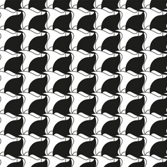 Tessellated pattern design. Black and white interlocking shapes. Abstract geometric repetition. Modern visual art.