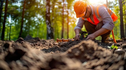 Naklejka premium Forestry Worker Collecting Soil Samples in Forest