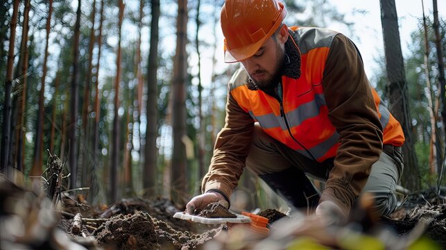 Forestry Worker Collecting Soil Samples in Forest