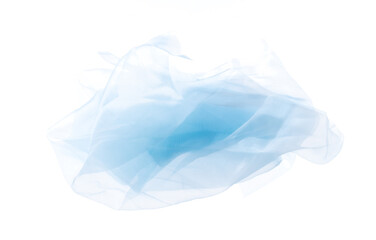 Fototapeta premium Blue sky Organza fabric flying in curve shape, Piece of textile blue sky organza fabric throw fall in air. White background isolated motion blur