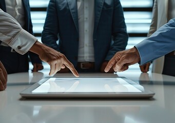 Collaborative office scene, groups of people engaged in brainstorming session, actively discussing ideas and strategies for an exciting new project in a dynamic workplace environment.