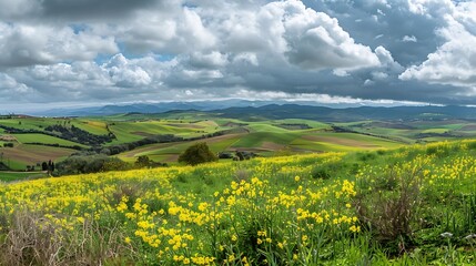 Fototapeta premium Lush landscape of green rolling hills with a patch of bright yellow colza blossoms under a cloudy sky in guadalajara spain : Generative AI