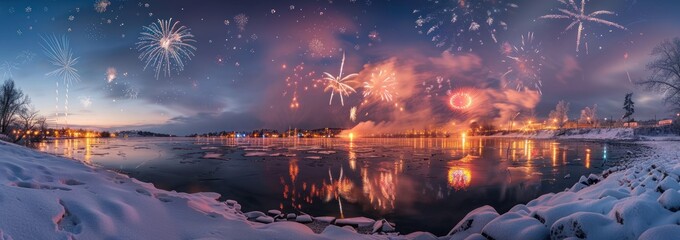 Fototapeta premium Fireworks Display Over Frozen River in Winter
