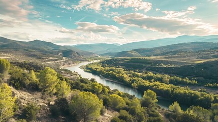 Miravet landscape with the Ebro river that runs through it : Generative AI