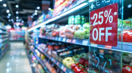 25 OFF at supermarket  Side view  Bold promotion sign  Digital binary as object  Complementary color scheme