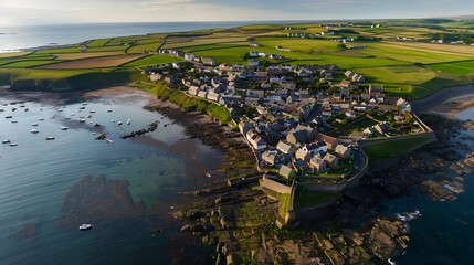 Aerial landscape panorama directly above the Northumberland fishing village of Craster which is famous for its smoked kippers : Generative AI