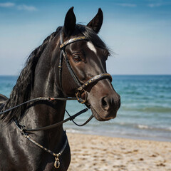 Obraz premium Portrait of black horse in bridle
