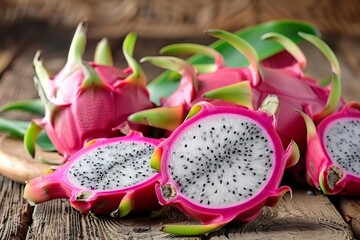 Colorful Dragonfruit Growing on Lush Plant. Exotic tropical fruit concept