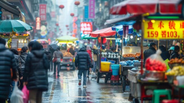 A bustling market street with vendor carts adorned with bright neon signs competing for attention from the passing crowd. . AI generation.