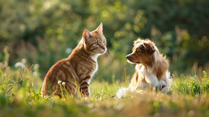 Cat and dog sitting together on meadow Freindship between tabby domestic cat and Nova Scotia Duck Tolling Retriever : Generative AI