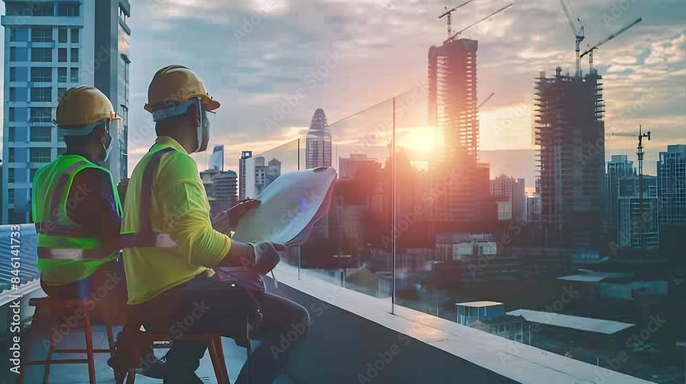 Poster engineers sit and work on building design and system workconstruction work safetyconstruction busine