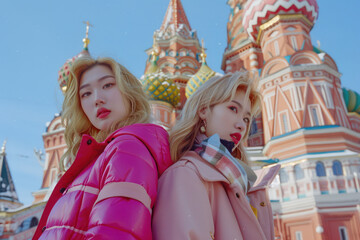 Fototapeta premium Exploring Architectural Wonders and Fashion Styles at a Colorful Landmark A Journey Through Historic Monuments and Trendy Outfits Captured in Vibrant Photography by Two Individuals