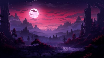 Majestic Twilight Landscape with Red Sky and Full Moon Over a Serene Valley