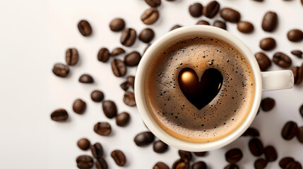 Obraz premium cup of hot coffee on coffee beans with a heart of foam
