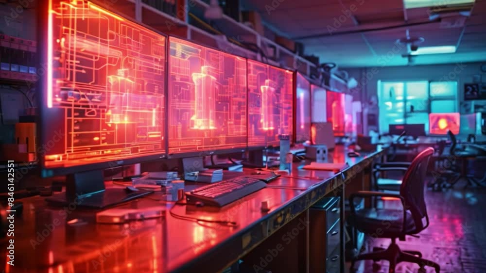 Poster a school lab with several computers displaying holographic science experiments.