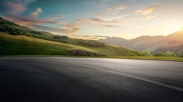 Asphalt road square and green mountain with sky clouds natural landscape at sunrise : Generative AI