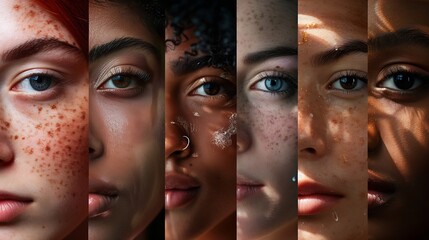 Medical and dermatological materials on skin conditions Collage Closeup of beautiful young girls of different nationality and skin colors Concept of human diversity beauty standards co : Generative AI