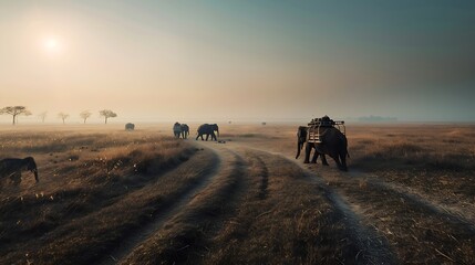 Obraz premium Elephants crossing the safari track in Kaziranga National Park A UNESCO World Heritage site situated in the Indian state of Assam : Generative AI