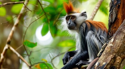 Obraz premium Monkey from Uganda Ugandan red colobus Piliocolobus tephrosceles rufous head grey monkey sitting on tree trunk in tropic forest Red colobus in vegetation habitat Kibale Forest NP Ugand : Generative AI
