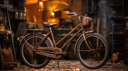 Obraz premium A rusty old bicycle is leaning against a wall
