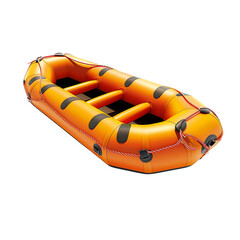 Bright orange inflatable raft with black accents designed for river rafting and water adventures. Durable and ready for exciting sports activities.