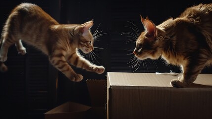 Cats exhibit a range of crazy reactions from pouncing on tiny specks to turning ordinary objects into playthings Theyre particularly fascinated by boxes and often engage in frenzied an : Generative AI