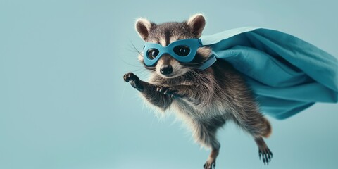 Cute superhero racoon, adorable funny raccoon with a blue cloak and mask jumping and flying on light blue background with copy space. The concept of a superhero raccoon, leader, funny animal studio.