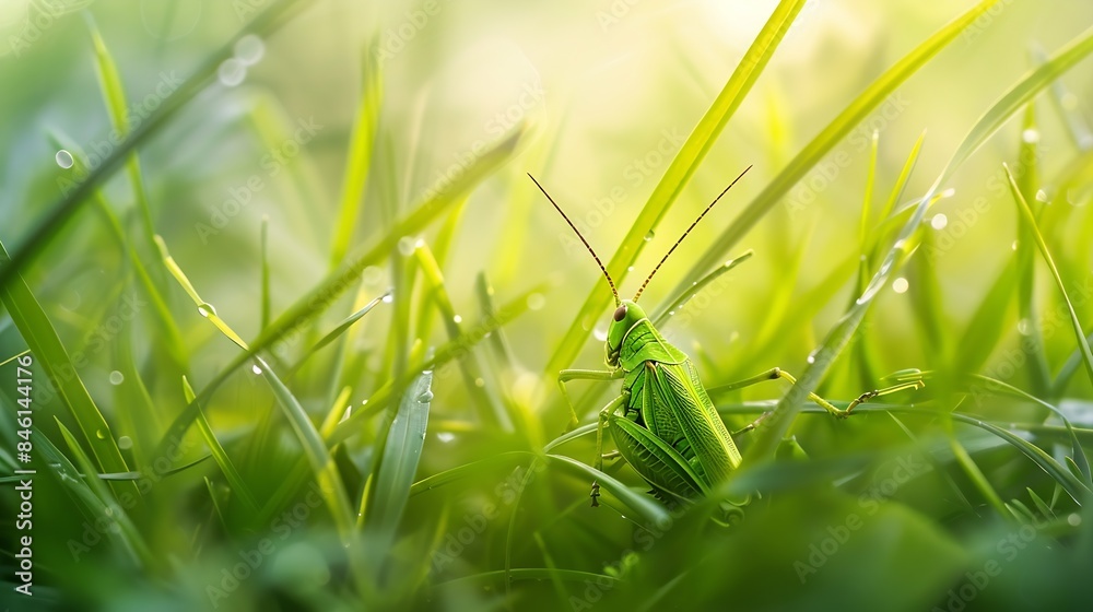 Poster green grasshopper in the grass insect in nature : generative ai