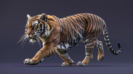 Majestic tiger walking with a fierce and determined expression, showcasing its powerful muscles and striking stripes in a dark background.