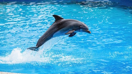 Fototapeta premium Playful dolphin leaping out of the water in a blue pool during the day, showcasing its grace and agility.