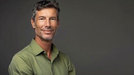 Confident middle aged business man entrepreneur unsmiling mature professional executive manager businessman leader investor wearing green shirt isolated on gray headshot close up portr : Generative AI