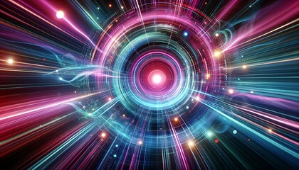 Obraz premium Wormhole space deformation, science fiction. Black hole. Vortex hyperspace tunnel. 3D illustration, Travel through a wormhole through time and space filled with millions of stars and nebulae.