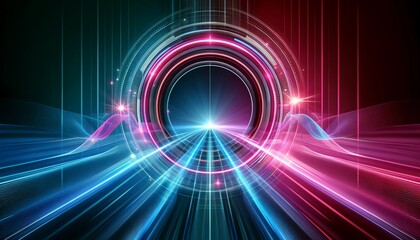 Data transfer concept Fantastic wallpaper,abstract futuristic background portal tunnel with pink blue glowing neon moving high speed wave lines and bokeh lights.