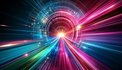 Obraz premium Data transfer concept Fantastic wallpaper,abstract futuristic background portal tunnel with pink blue glowing neon moving high speed wave lines and bokeh lights.