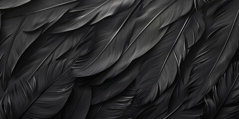 Fototapeta premium close up of black feathers texture background. Top view, wide web banner.