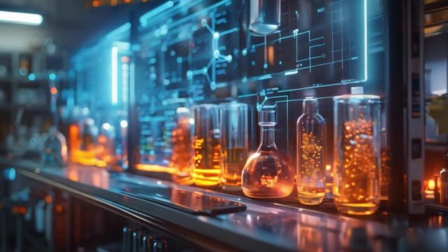 A futuristic holographic chemistry lab with virtual experiments displayed on a screen.