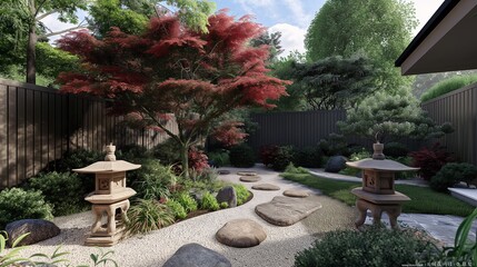 A serene garden with a Japanese maple tree and stone lanterns.