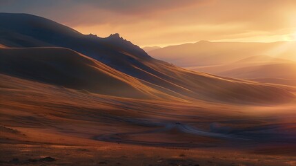 Naklejka premium Magnificent landscape of the Karamuruntau ridge in the rays of the setting sun : Generative AI