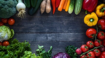 A top-down view of a variety of fresh vegetables on a wooden table.