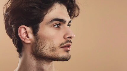 Fototapeta premium Headshot Close up portrait of young wellgroomed man looking away against beige studio background Mens personal care and beauty treatment Concept of youth spa procedures selfcare cosmet : Generative AI