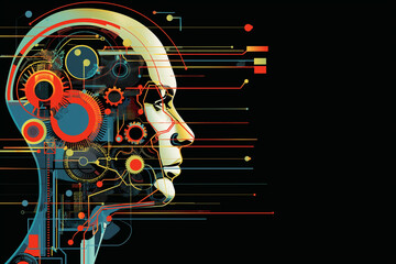 A vector illustration of the concept of artificial intelligence, with elements such as brain and gears in colorful tones on black background. The head is white and has vibrant colors inside it