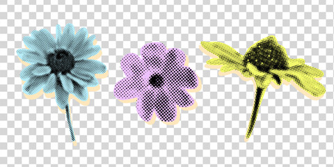 Collage Halftone Daisy Flowers Design Elements illustration. Half tone Contemporary vector poster. Modern y2k aesthethic Banner.