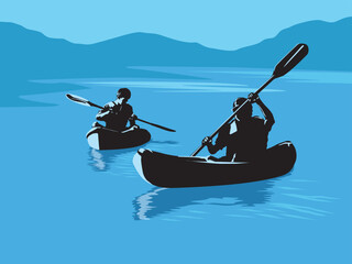 kayaking silhouette in illustration graphic vector