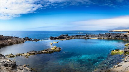 Fototapeta premium Discover the natural pools at Caleta de Fuste Fuerteventura an oasis of calm with crystalclear waters framed by volcanic cliffs and idyllic landscapes : Generative AI