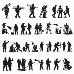 Firefighters Action Silhouette Vector Set