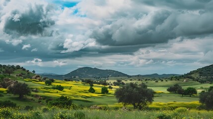 Obraz premium Lush landscape of green rolling hills with a patch of bright yellow colza blossoms under a cloudy sky in guadalajara spain : Generative AI
