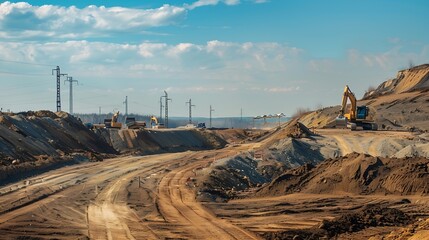 Construction site Hills of rubble and sand and highvoltage pylons Construction of a new highway repair of the roadway underground laying of pipes and electrical communications : Generative AI