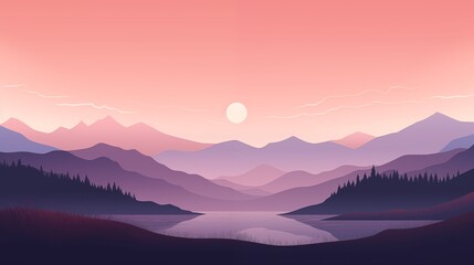 Fototapeta premium Sunset Over Serene Mountainous Landscape with Calm River and Forrest