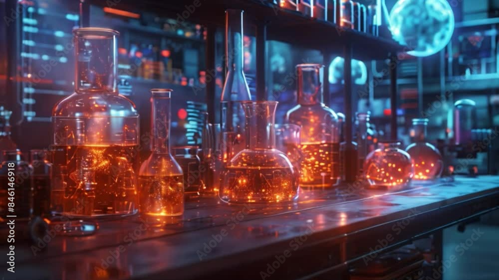 Poster a futuristic chemistry lab filled with beakers and flasks glowing with an orange light, creating a m